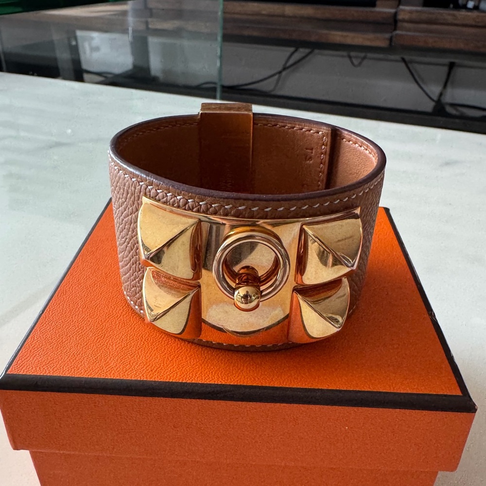 Hermes Epsom Collier de Chien CDC Bracelet T3 - rose Gold and Brown Leather